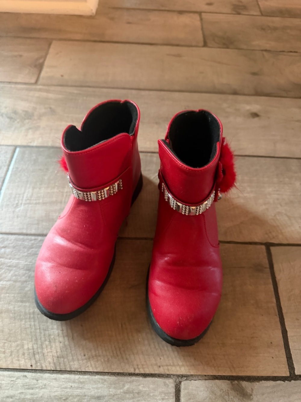 Red Kids Ankle Boots with Rhinestone Strap